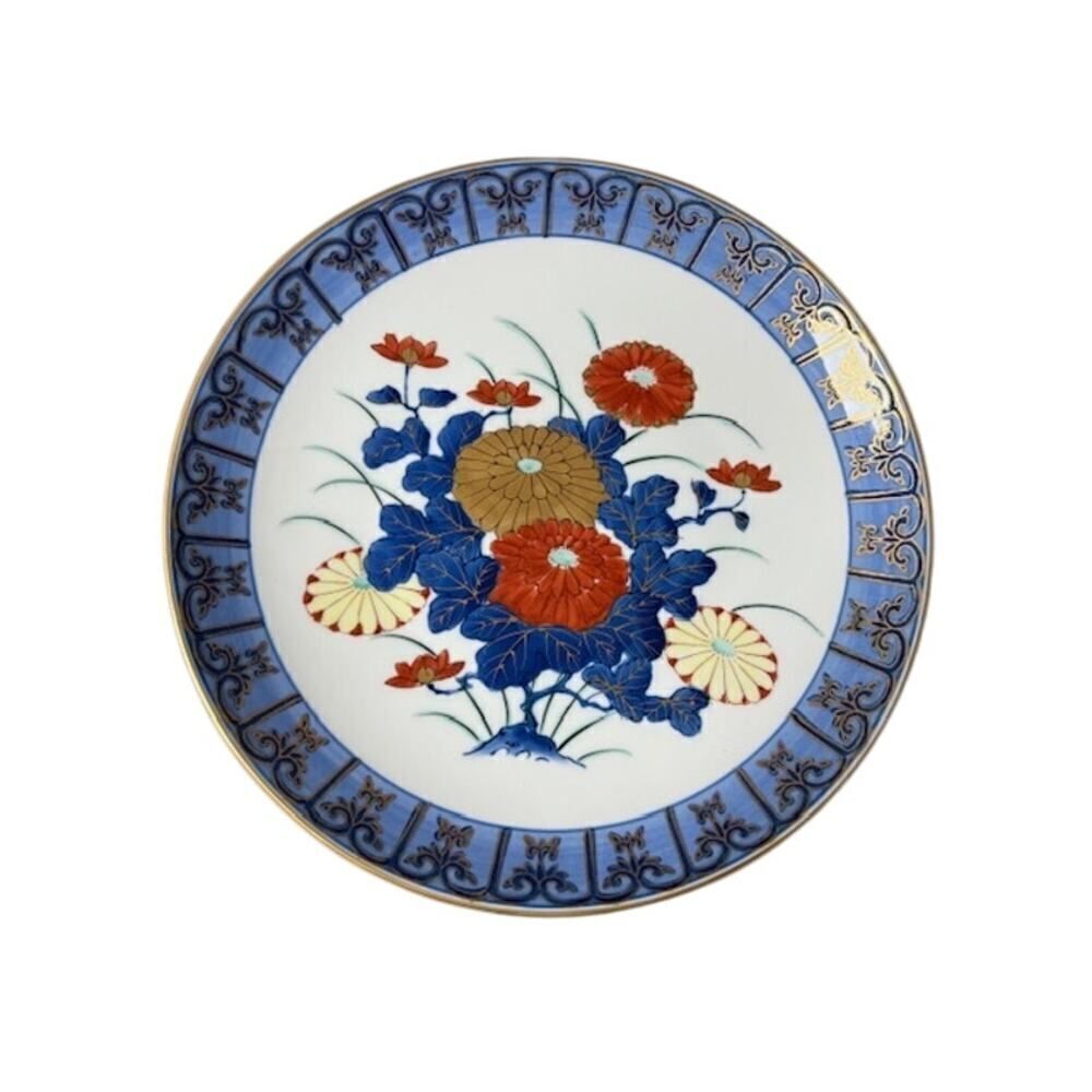 Gold Imari Hand Painted Blue Floral Flowers Red Plate 11"